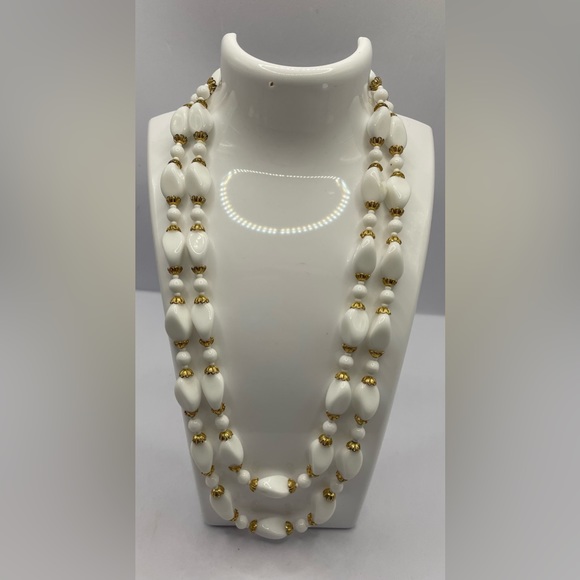 Vintage Double Strand Gold Tone and Shiny White Opaque Beads Necklace - Picture 2 of 10